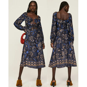 NWT Farm Rio Macaw Forest Crisscross Tie A-Line Midi Dress Cobalt Blue Large